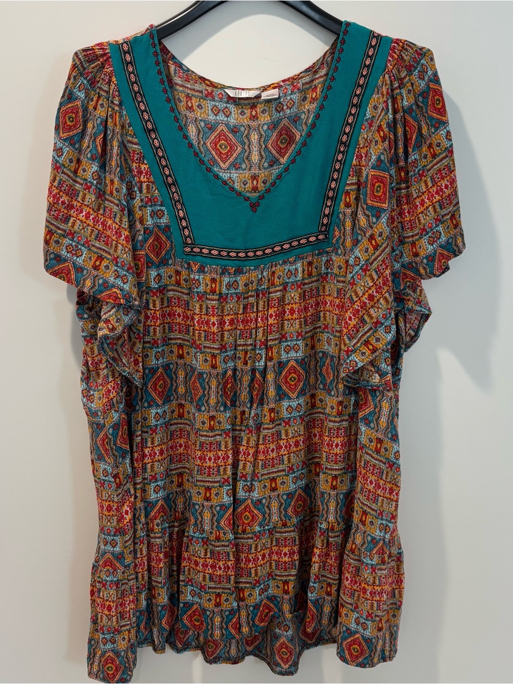 Kaktus Teal & Multi-Color Boho Flutter Sleeve Top XXL